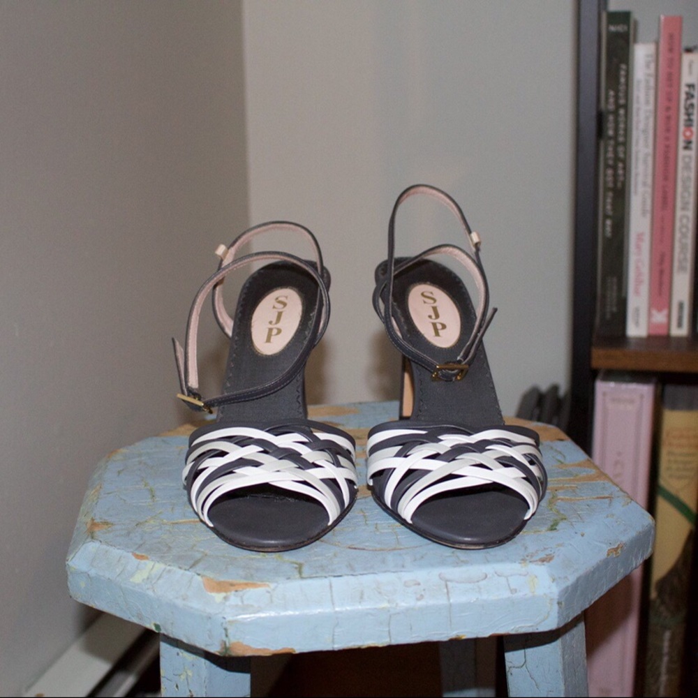 SJP Black and White Strappy Heels Size 7.5